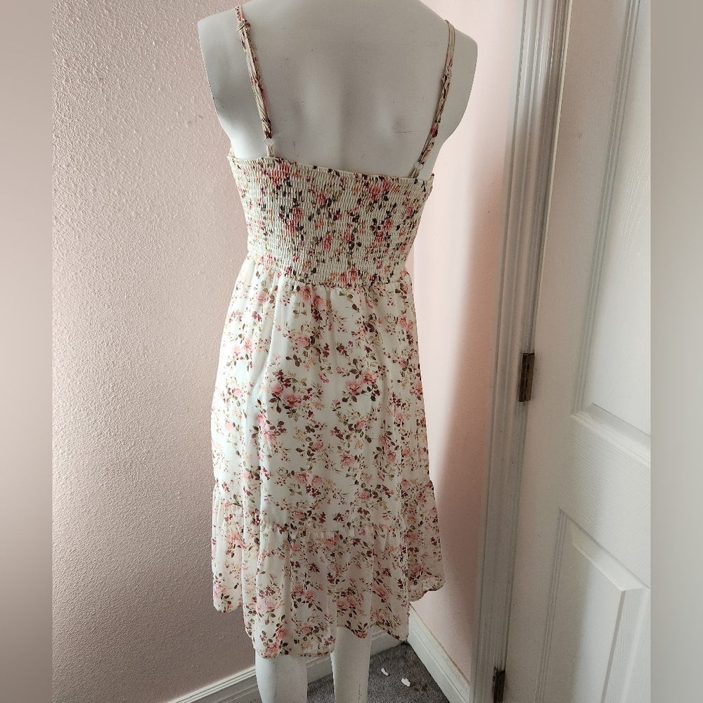 AUW Floral Tiered Midi Dress Cream Pink Tie Front Smocked Cottagecore Medium - Picture 2 of 3